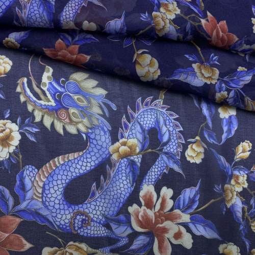 Ткань Шифон синего цвета с принтом  цветы и драконы 24088