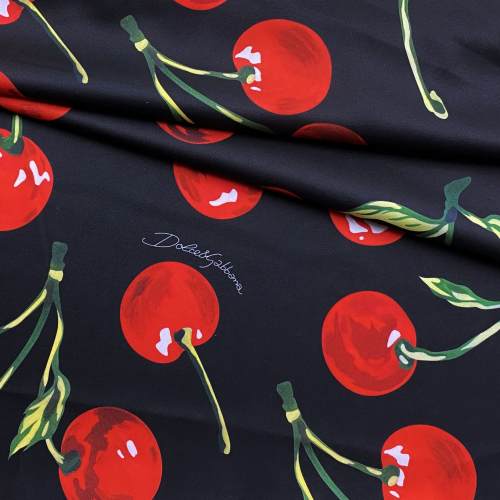 Ткань Ткань шёлк Армани чёрного цвета с принтом  вишни  46446