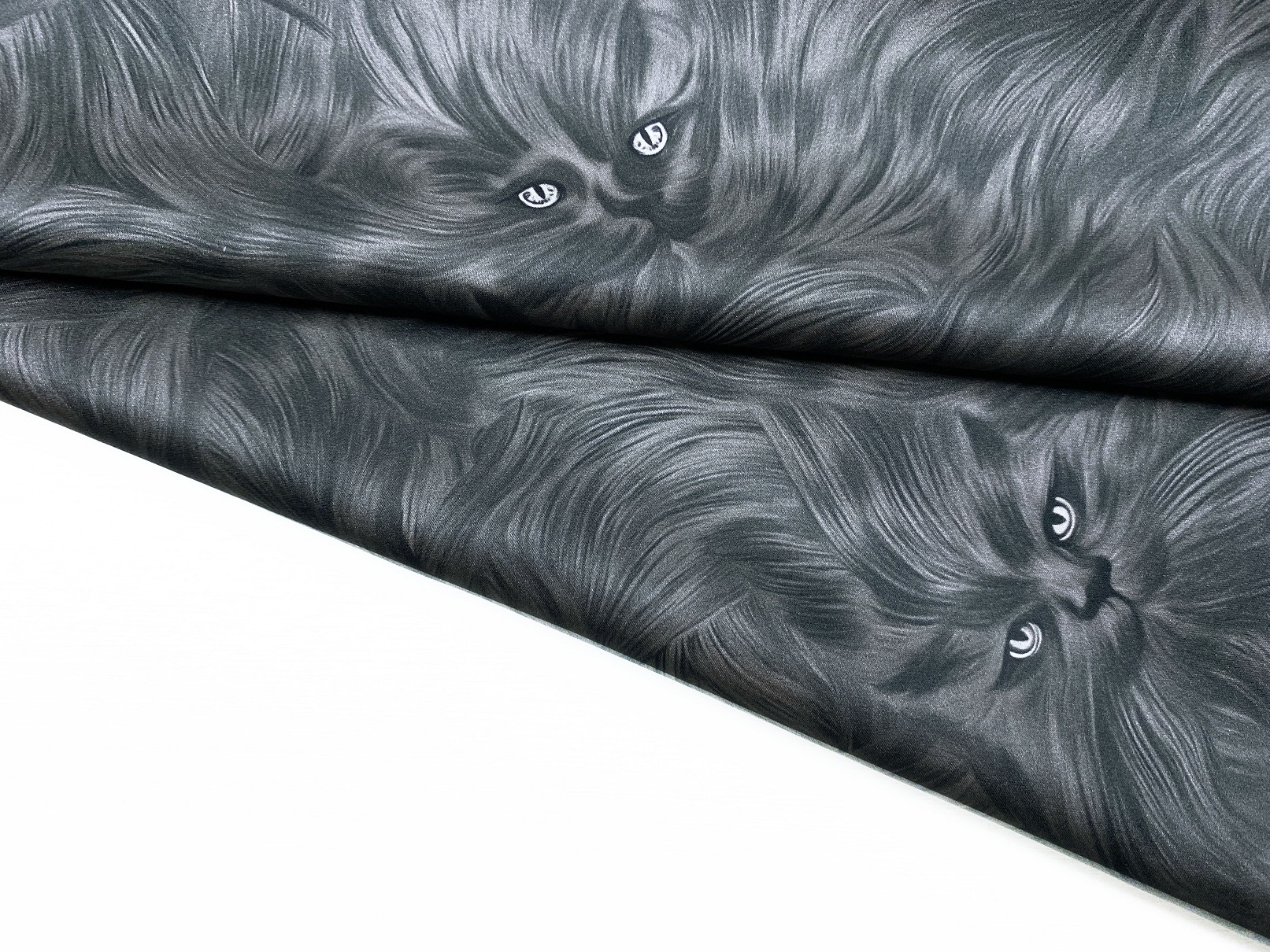 Ткань Шёлк атласный  графитового  цвета с принтом  кошачьи глаза  46716 4