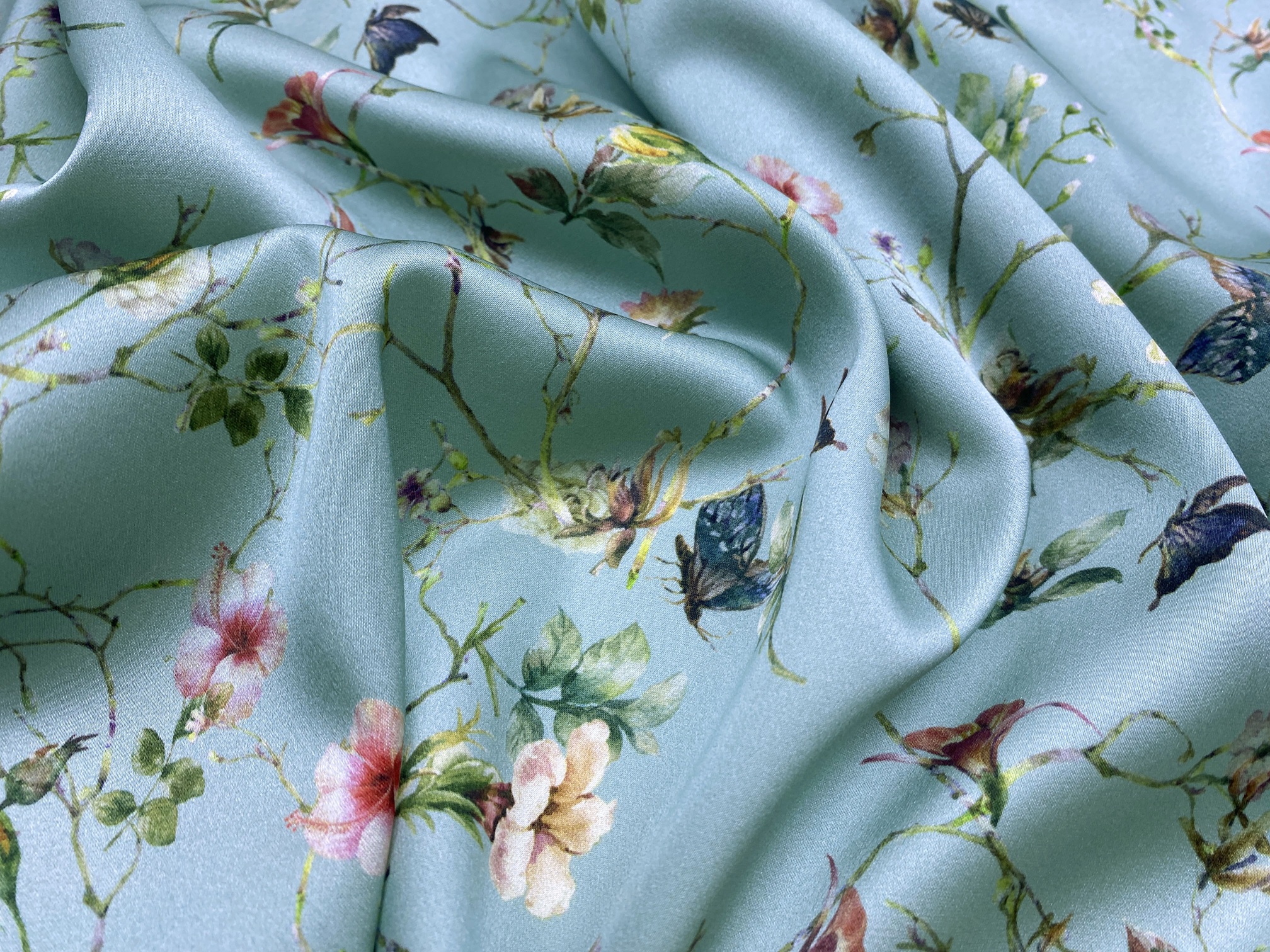Ткань Шёлк мятного цвета с принтом бабочки и цветы 46210 2