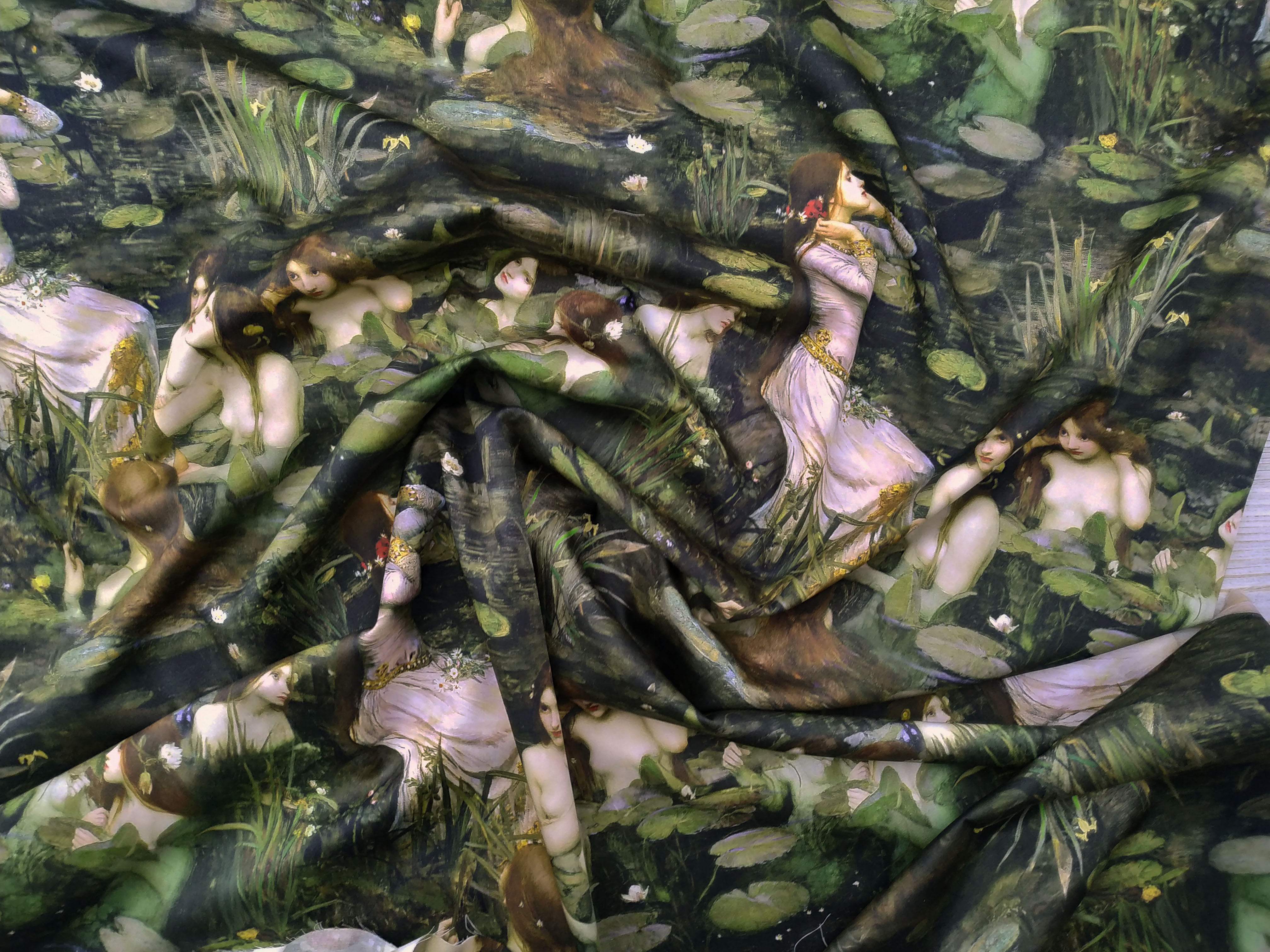 Ткань Хлопок зелёный с принтом нимфы по мотивам Уотерхауса 13653 2
